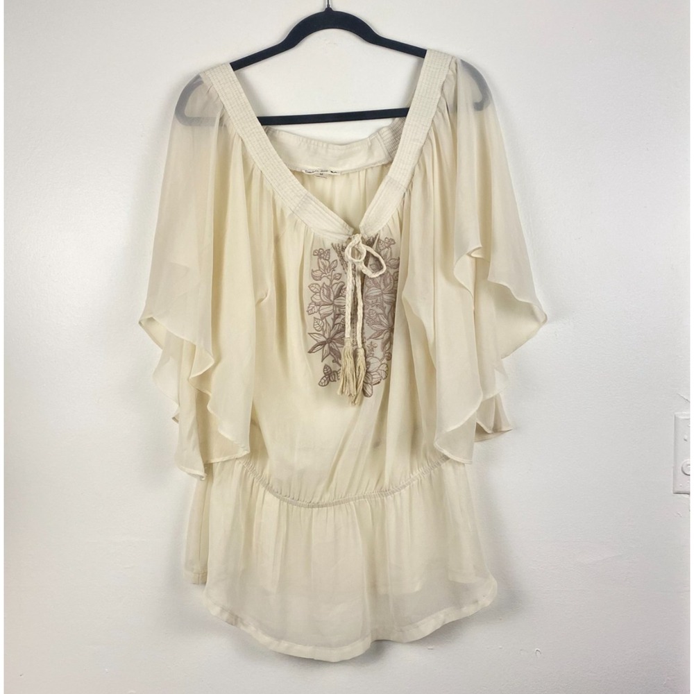 Double Zero Flared Sleeve‎ Blouse Size M Embroidered Tassel Scoop Neck Sheer top